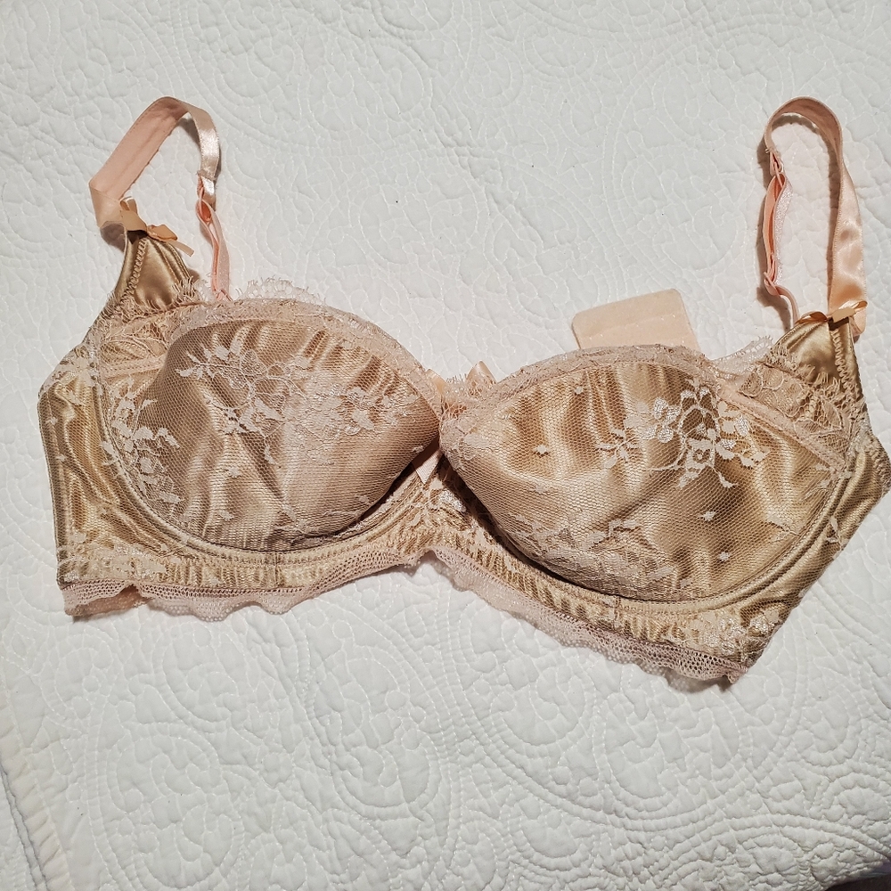 NWOT Mimi Holliday Tan & Pink Lace Hollywood Glamour Bra, 32FF